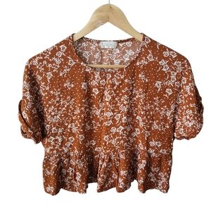 Altar'd State Floral Crop Top Peplum Hem Rust Brown Womens S Gen Z